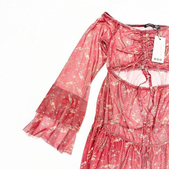 Boohoo Sheer Bohemian Patterned Printed Dress Pink/Red Size 10 NWT - Picture 4 of 6